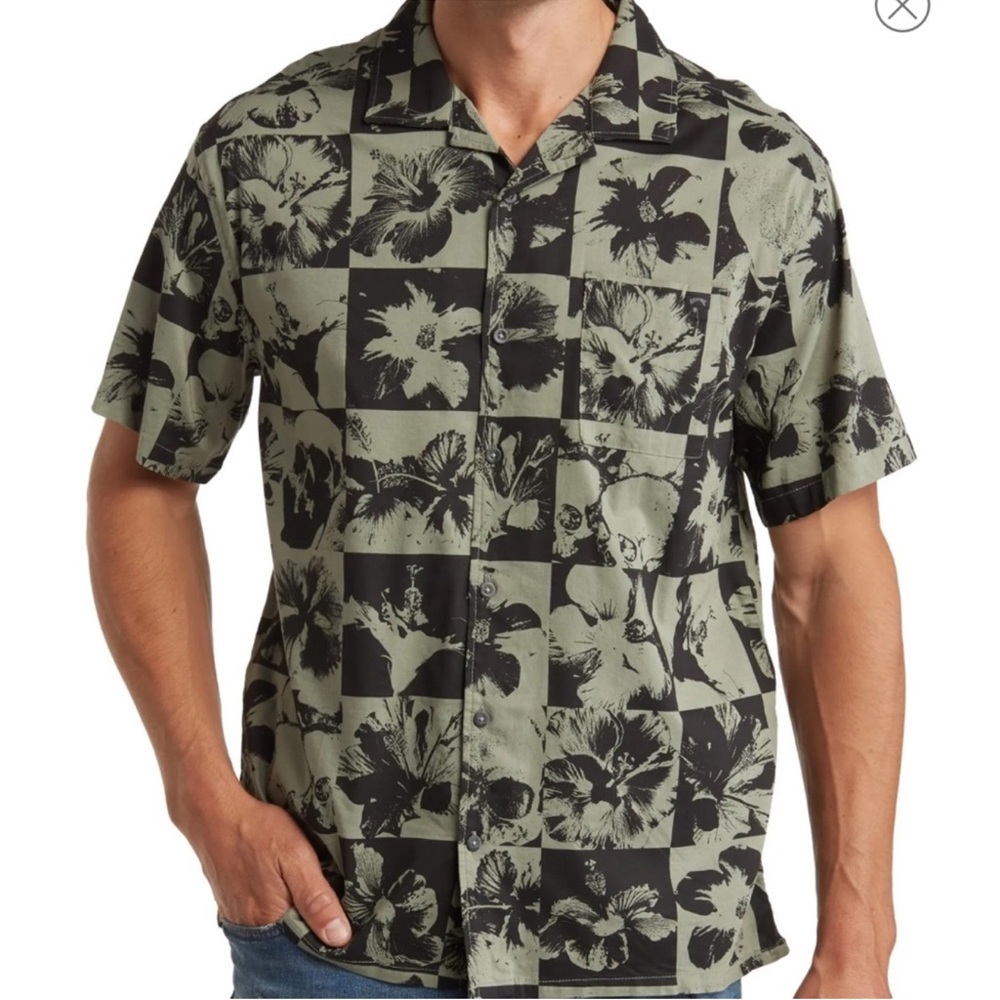 Billabong Men's Checkered Floral Shirt - Olive and Black